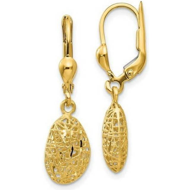 14K Yellow Gold Polished Diamond-Cut Satin Puff Dangle Leverback Earrings