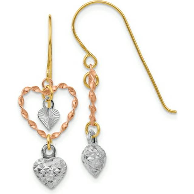 14K Tri-Color Diamond-Cut Heart Dangle Earrings