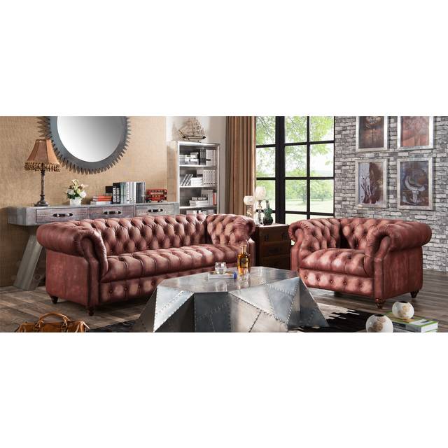 Collingwood Original Chesterfield Sofa Suite Vintage Distressed Real Leather - Brown - Suite Offers