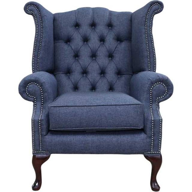 Chesterfield Georgian Wing Chair Gleneagles Plain Granite Fabric In Queen Anne Style - Blue - 1 Seater/Chair