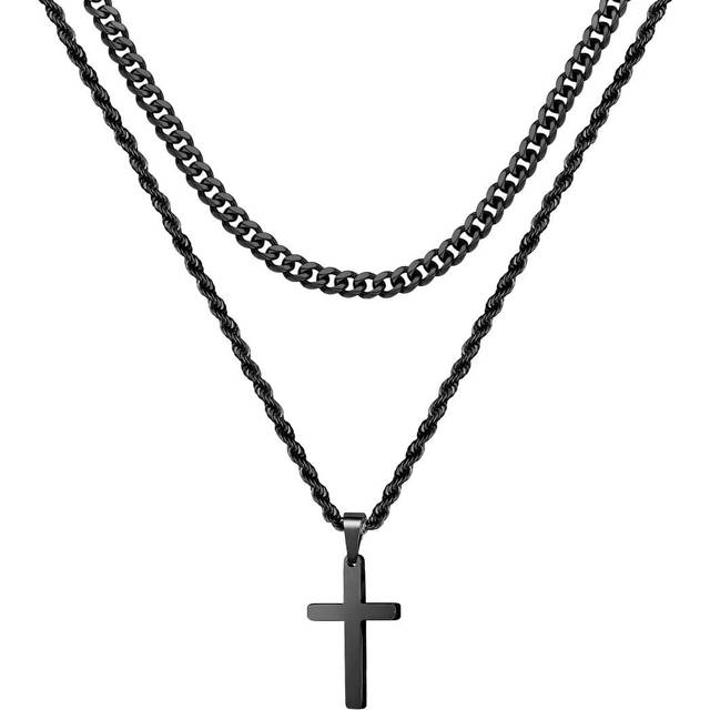 Cross Necklace for Men  Mens Cross Necklaces Black Stainless Steel Cross Chain Layered Rope Chain Cross Necklace for Men 16-18 Inch Cross Necklace Men
