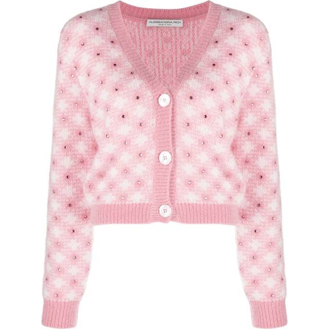 Alessandra Rich - rhinestone-embellished gingham cardigan - women - Mohair/Wool/Polyamide/Mother of Pearl - 40 - Pink