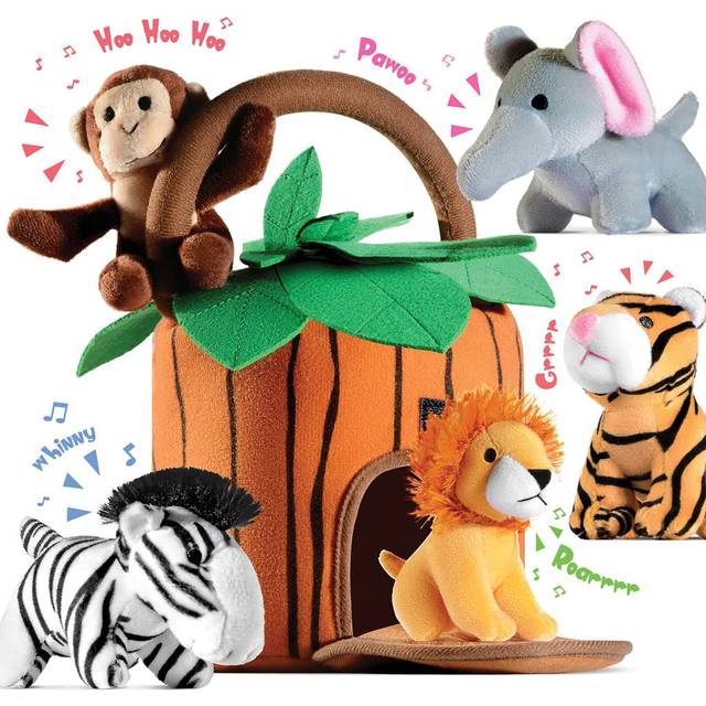 Play22 6-Piece Plush Talking Jungle Animals Set with Carrier for Kids