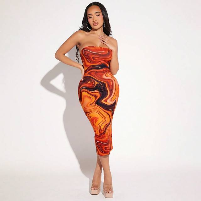 SHEIN Summer Marble Print Tube Top Slim Sexy Red Dress