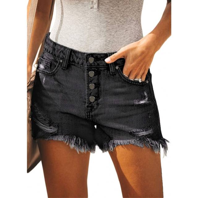 MODARANI Black Denim Short for Women Cute Frayed Distressed Jean Shorts Mid Rise Ripped Cute S