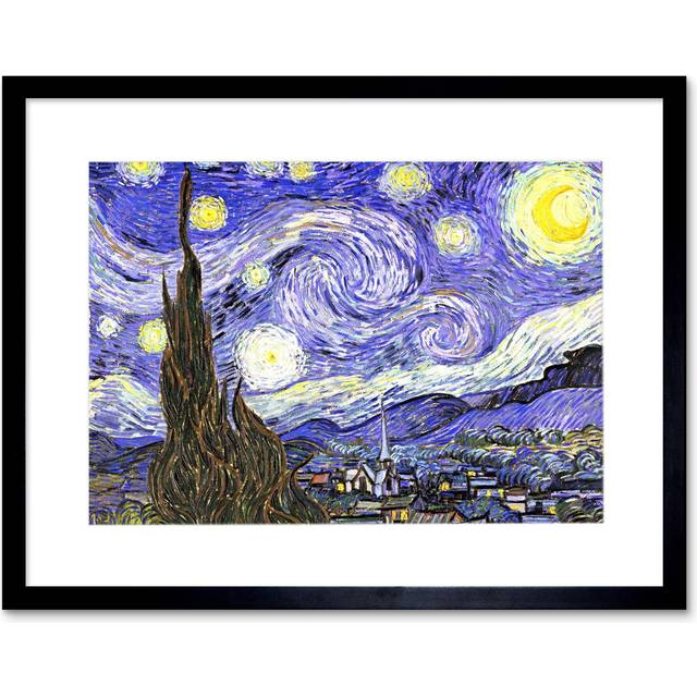 Old Master Painting Van Gogh Starry Night Star Sky Swirl Brushstrokes Post Impressionism Print Framed Wall Art Print Picture 12X16 inch - Black - One - One Size