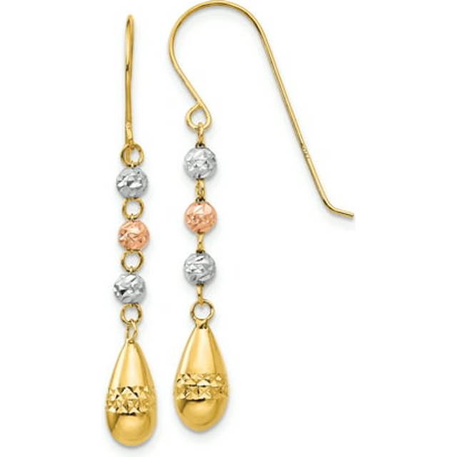 14K Tri-Color Diamond-Cut Teardrop Beaded Puff Dangle Earrings