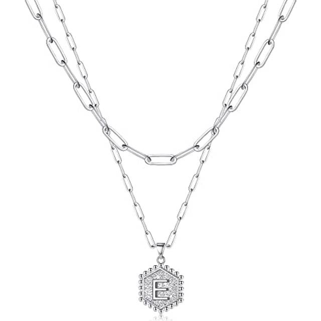 M MOOHAM Silver Necklaces for Women - Necklaces for Women Cute Hexagon Letter Initial E Necklace Choker Necklaces Silver Layered Necklaces for Women