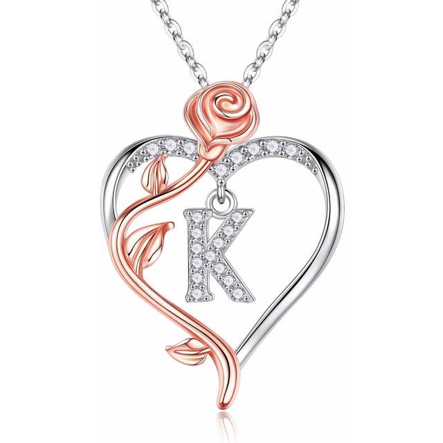 Iefil Necklaces Gifts for Women Her - 925 Sterling Silver Rose Heart Initial K Letter Pendant Necklace Christmas Mothers Day Valentines Jewe