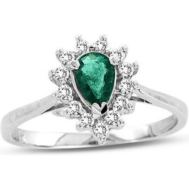 0.53 CTTW Pear Shaped Emerald & Diamond Ring, 14K Gold - Size 6