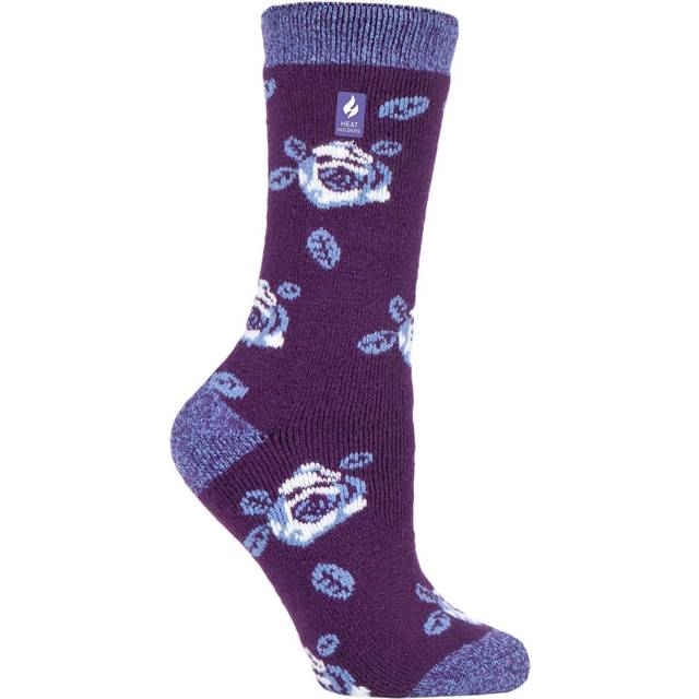Women's 1 Pair SOCKSHOP Heat Holders 1.6 TOG Lite Patterned and Striped Socks Rome Floral Magenta Plum 4-8 Ladies - Purple