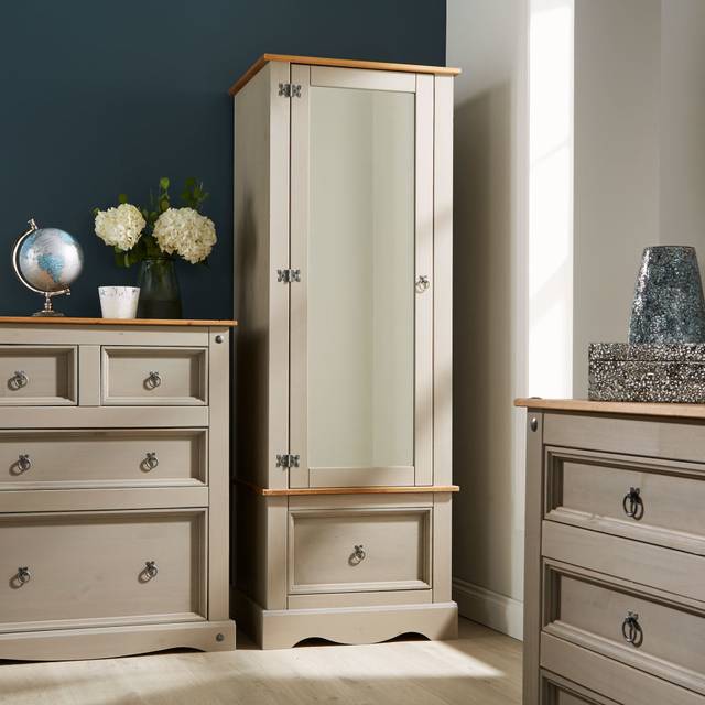 Grey Pine Armoire Wardrobe 1 Door Mirrored 1 Storage Drawer Solid Wood
