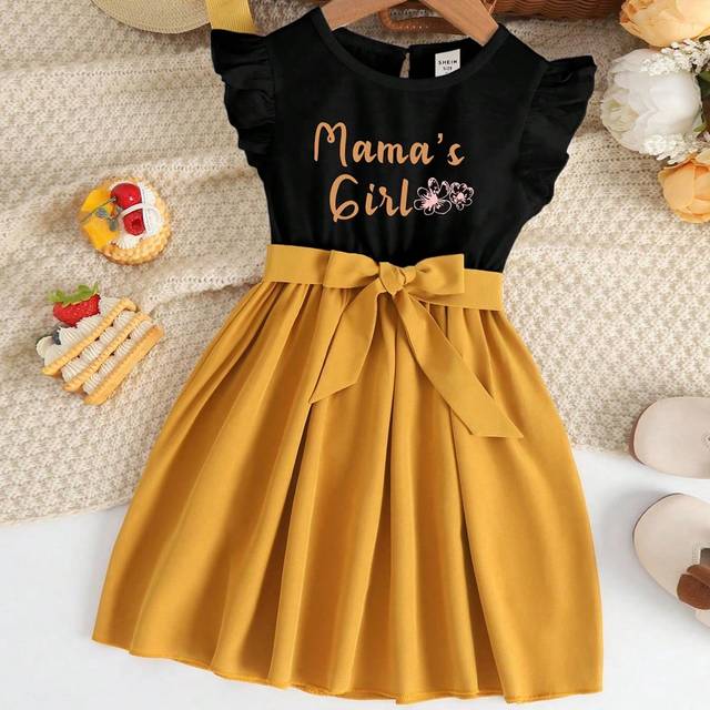 SHEIN Young Girl Contrast Color Patchwork Dress With Short Sleeves And Letter Prints