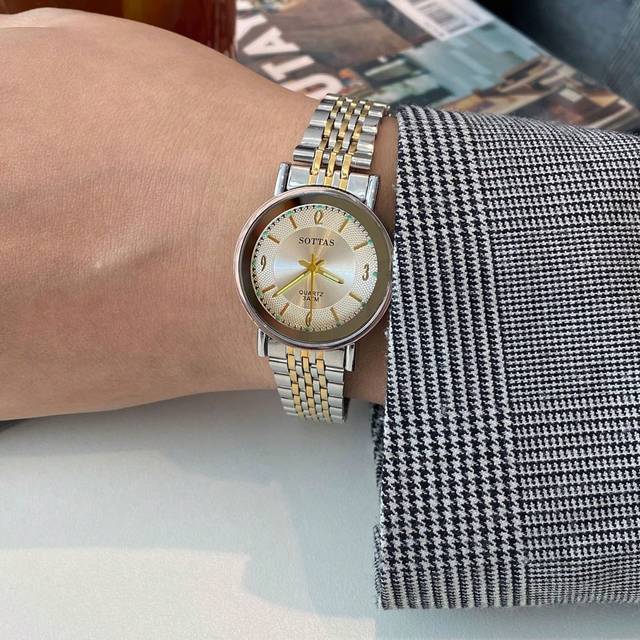sottas New Women&#39;s Watch Silver And Gold Korean Style Simple And Atmospheric Waterproof Steel Strap Quartz Wristwatch, Suitable For Any Occasion