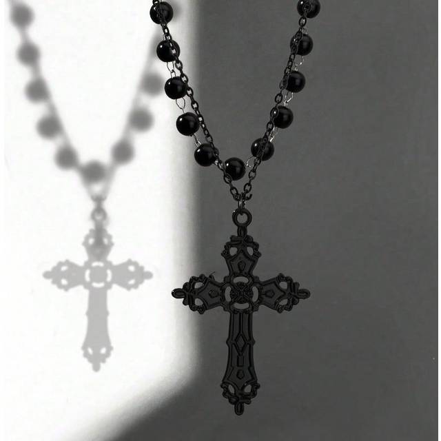 SHEIN 2pcs Gothic Style Cross Shaped Black Faux Pearl Necklaces