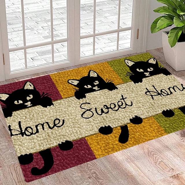 SHEIN 1PC Entry Door Mat Cute Cat Letter Print Welcome Mat Modern Living Room Bedroom Hallway Non Slip Floor Mat ,Room Decor