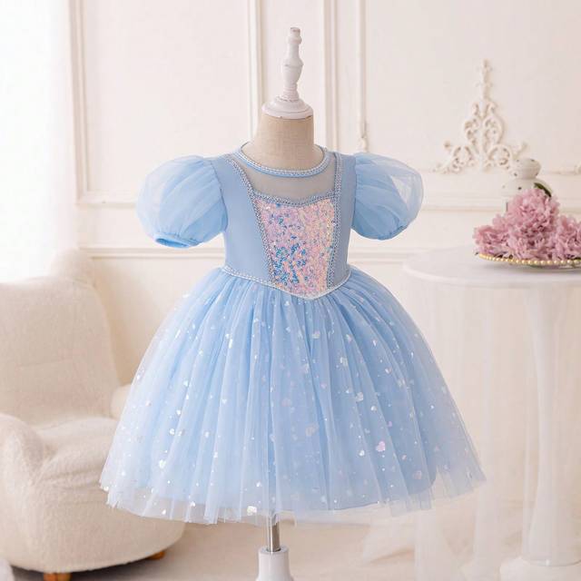 SHEIN Young Girl&#39;s Sparkly Blue Puff Sleeve Princess Dress, Perfect For Birthday Parties, Weddings, Festivals, Decorated With Glitter And Snowflake Tulle Fo