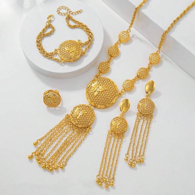 SHEIN 1 Piece Gold Europe And The United States Gorgeous Jewelry Set Wedding Decoration Necklace Earrings Bracelet Ring Set Ladies