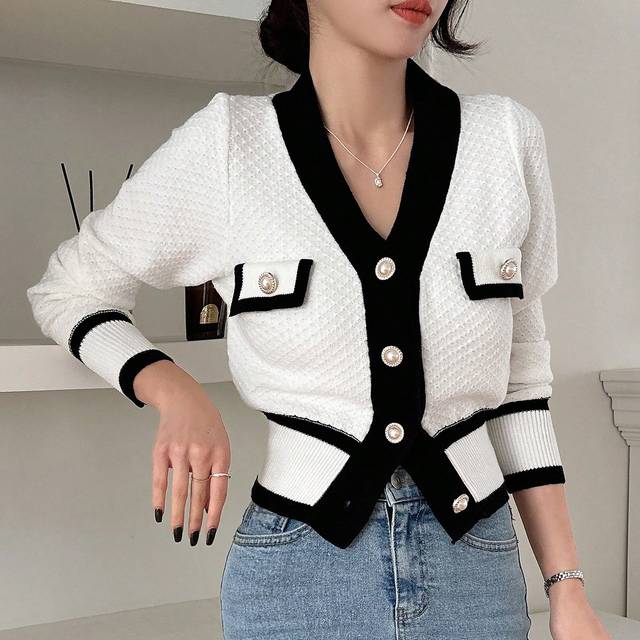 Kvinnors färgblock långärmad knappdesign Casual business cardigan, höst, långärmade toppar - Svart och Vitt (L,M,S,XL,XS)