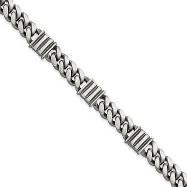 Sterling Silver Mens Antiqued Brushed Curb & Bar 8.5 in. Bracelet
