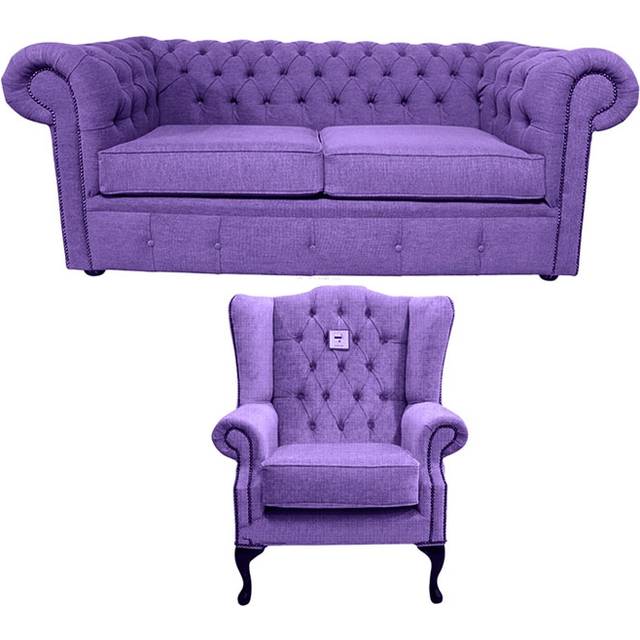 Chesterfield Handmade 2 Seater + Mallory Wing Chair Verity Purple Fabric Sofa Suite - Suite Offers