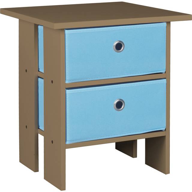 (Oak, Light Blue) Wooden Side End Table Nightstand 2 Fabric Drawers
