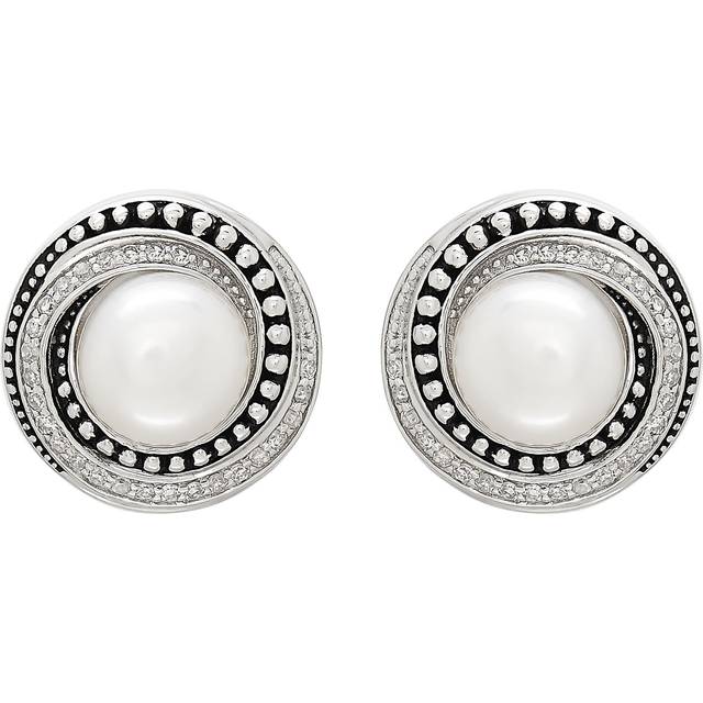 Silpada 'Swirl Stud' 7.5-8 mm Freshwater Pearl & 1/5 ct Diamond Swirl Stud Earrings in Sterling Silver & Enamel - White