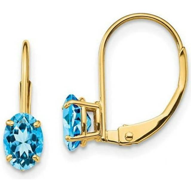 14K Yellow Gold 6 x 4 mm Oval Blue Topaz Leverback Earrings