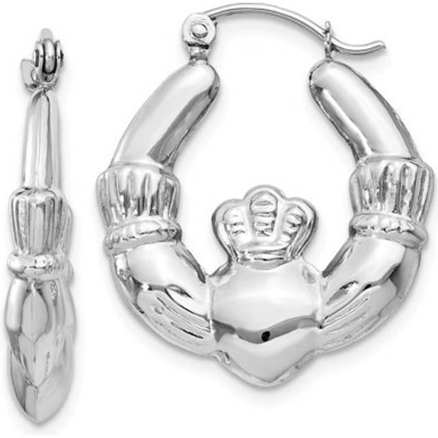 14K White Gold Claddagh Hoop Earrings