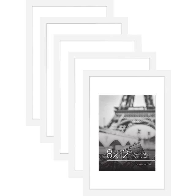 Americanflat 8x12 Picture Frame in White - Set of 5 Frames - Displays 6x8 With Mat and 8x12 Without Mat - with Plexiglass cover  Sawtooth Hanging Hard