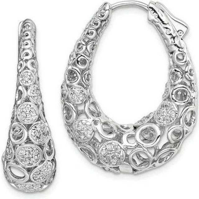 Sterling Silver Rhodium-Plated Accent Pave CZ Oval Hoop Earrings, Polished