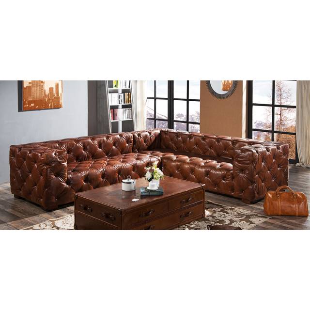 Chesterfield Handmade Buttoned Seat Corner Sofa Vintage Distressed Real Leather - Brown - 5 Seater+