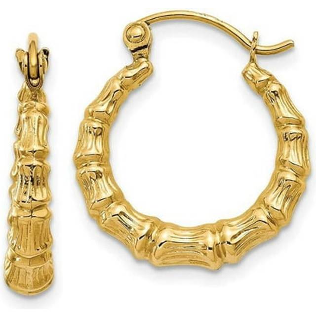 14K Yellow Gold Polished Bamboo Design Hollow Hoop Earrings