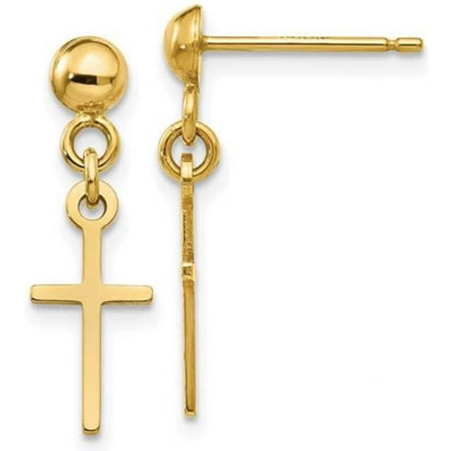 14K Yellow Gold Polished Cross Dangle Post Earrings