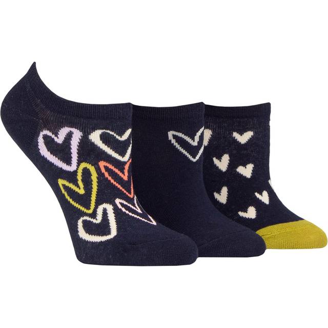 Women's 3 Pair Caroline Gardner Patterned Cotton Trainer Socks All Over Hearts Navy UK 4-8 - Blue