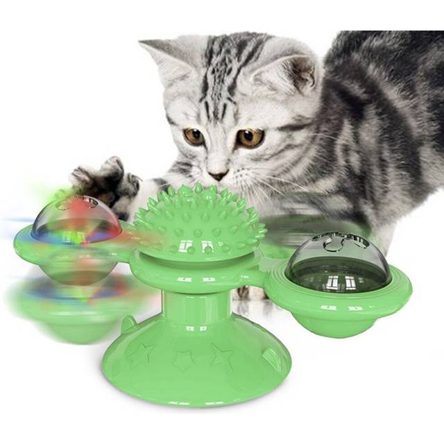 (Green) Dog Cat Food Ball Pet Toy Flip-Top Spinning Mill Scratch-Itch Toys Brush For Home Games