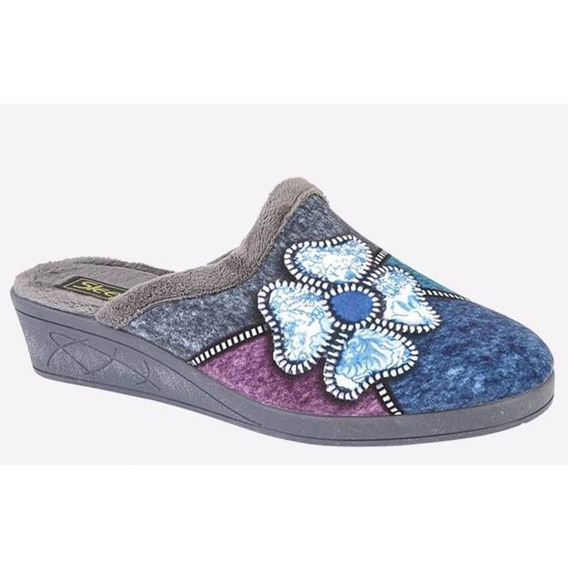 (6 UK, Grey/Purple/Blue/Silver) Sleepers Womens/Ladies Kimberly Flower Trim Mule Slippers