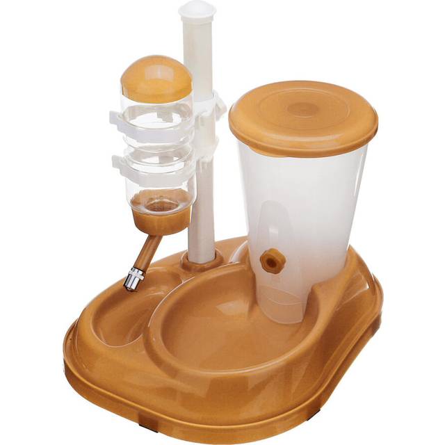 (Brown, with feeder bin) Automatic Pet Water Drinker Cat Dog Bowl Fountain Bottle Food Feeder Dispenser