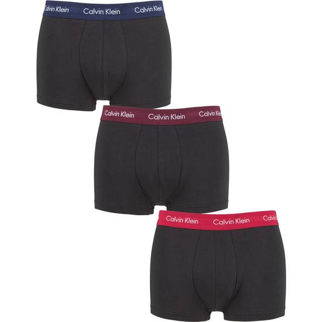 Mens 3 Pair Calvin Klein Low Rise Trunks Navy / Lush Burgundy / Red Logo Extra Small - Black