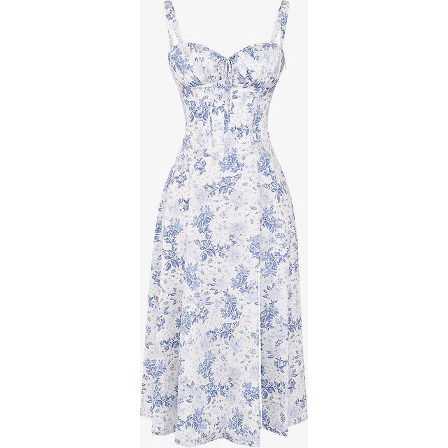 House of Cb Womens Blue White Floral Carmen Sleeveless Cotton-blend Midi Dress 14/16 - BLUE WHITE FLORAL