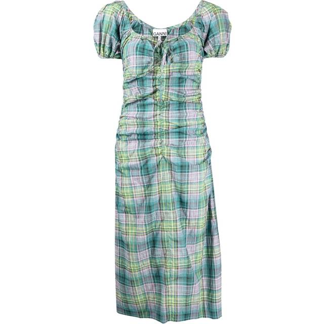 GANNI - checked seersucker midi dress - women - Organic Cotton/Polyamide/Recycled Polyester - 34 - Green