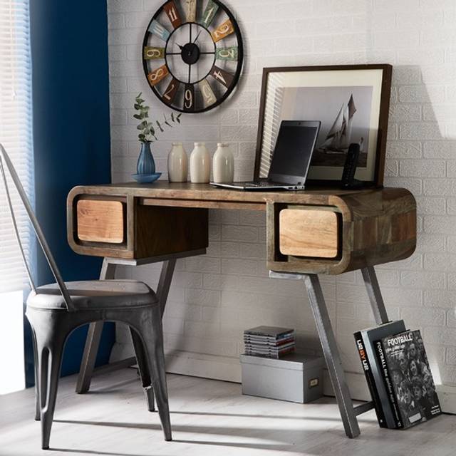 Retro Metal and Wood Desk Console Table - Two-Tone - Brown