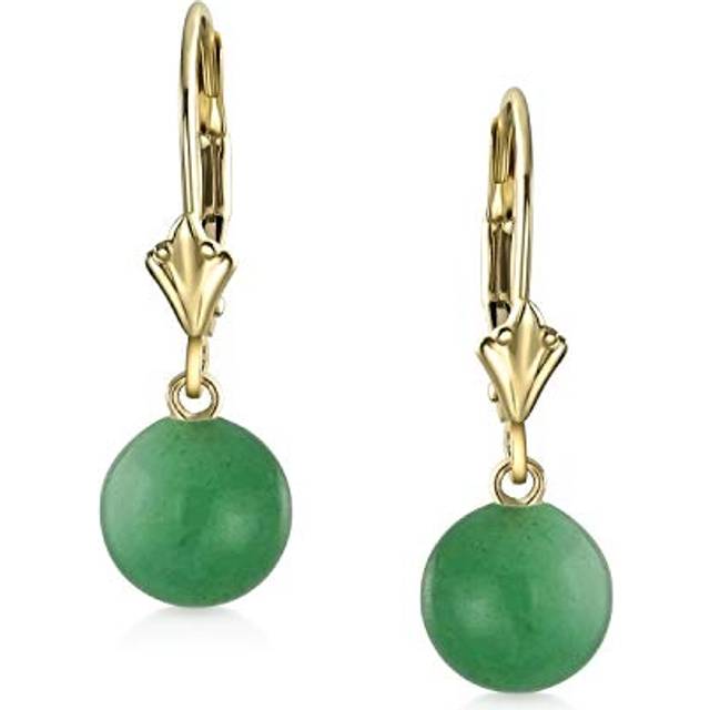 Real 14K Yellow Gold Created Green Jade Round Bead Lever Back Dangling Ball Drop Earrings For Women March Birthstone