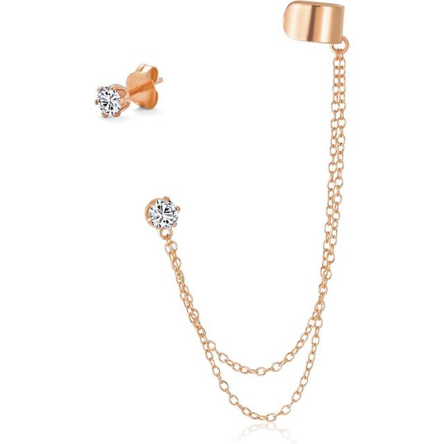 CZ Pink Gold Plated 925 Silver Asymmetrical Ear Cuff Double Chain Earrings [Bling Jewelry]