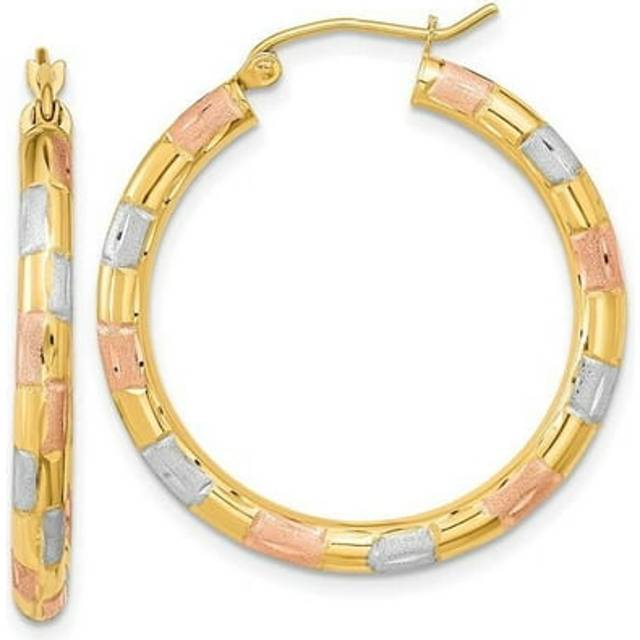 14K with White & Rose Rhodium Polished Satin Diamond-cut Hoop Earrings