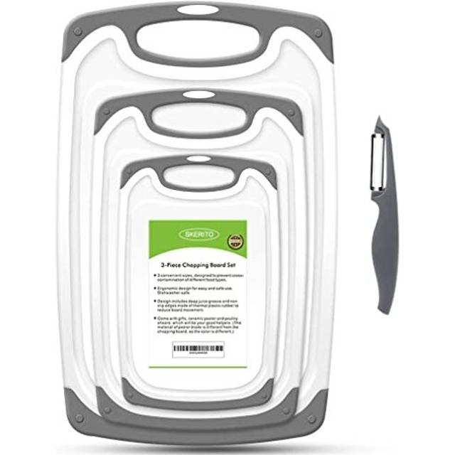 SKERITO Chopping Board Set, BPA Free Plastic Kitchen Cutting Boards with Non-Slip Feet and Deep Drip Juice Groove, Set of 3, Gray