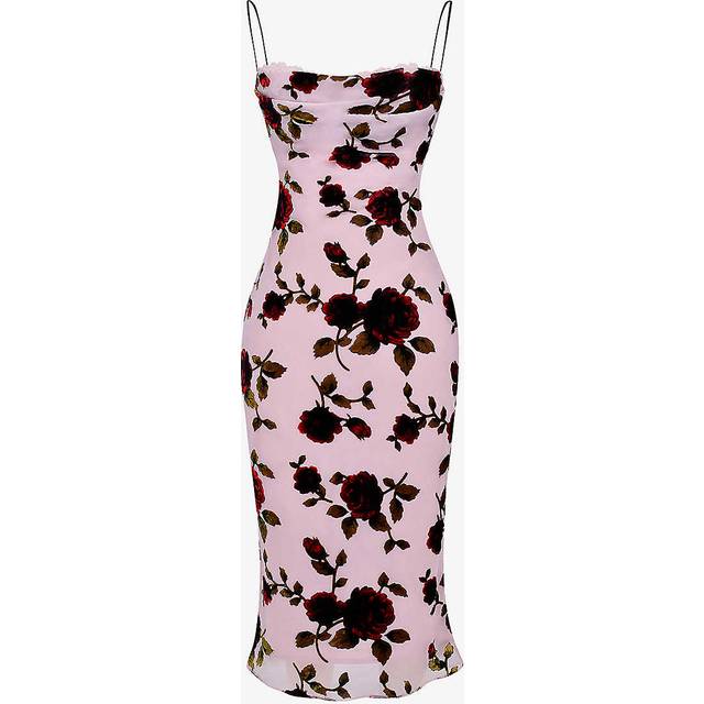 House of Cb Womens Pink Azura Floral Velvet Devore-embroidered Stretch-woven Midi Dress 12/14 - PINK