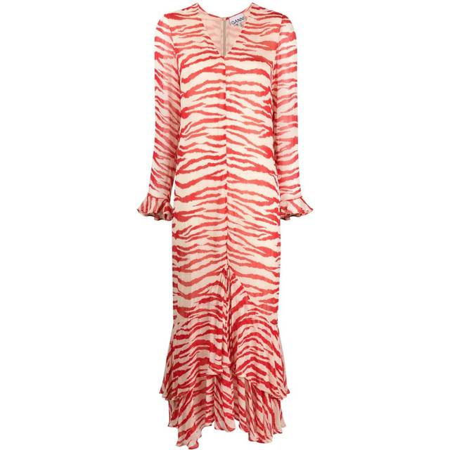 GANNI - tiger-print ruffled maxi dress - women - Viscose/Viscose - 36 - Red