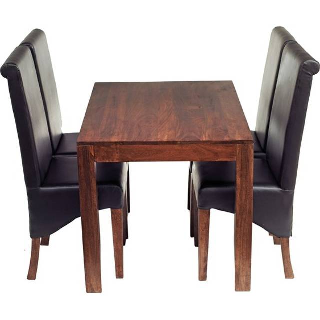 Solid Dark Mango Wood 4 Ft Dining set with 4 Leather Chairs - Brown