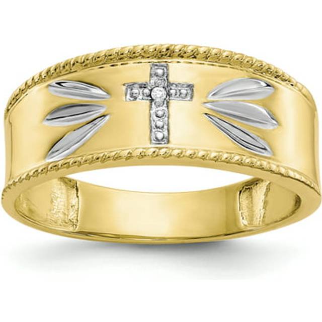 Quality Gold 10X74 10K Yellow Gold & Rhodium 0.01CT Diamond Trio Mens Cross Wedding Band - Size 10
